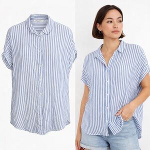 Beachlunchlounge Blue & White Striped Rayon Button Front Blouse | Short Sleeve